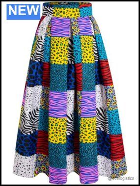 African Print Wax Skirt Ankara Flared A-Line Long with Pockets